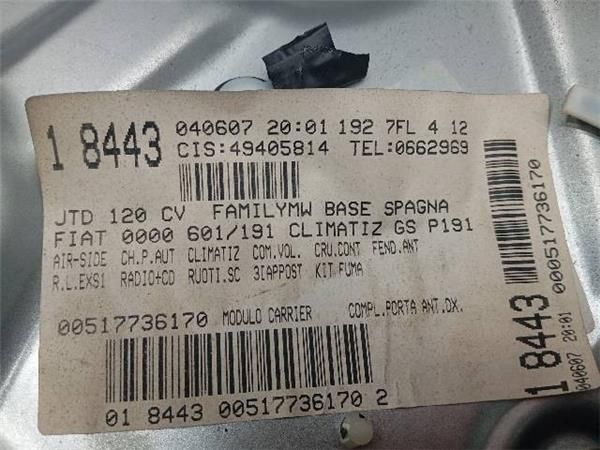 MOTOR ELEVALUNAS DEL. DCHO. Fiat Stilo 1.9 JTD SW (192C) 120CV (2005-2008) (88 KW) - 27160 / 192A8000
